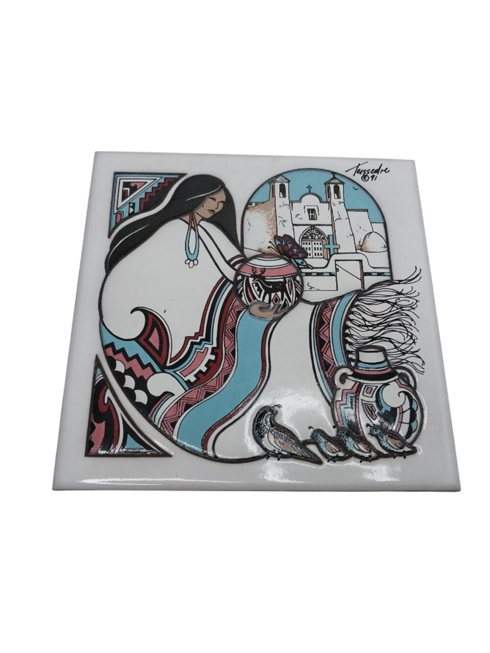 Vintage Cleo Teissedre Designs Southwestern Native American Ceramic Tile Trivet